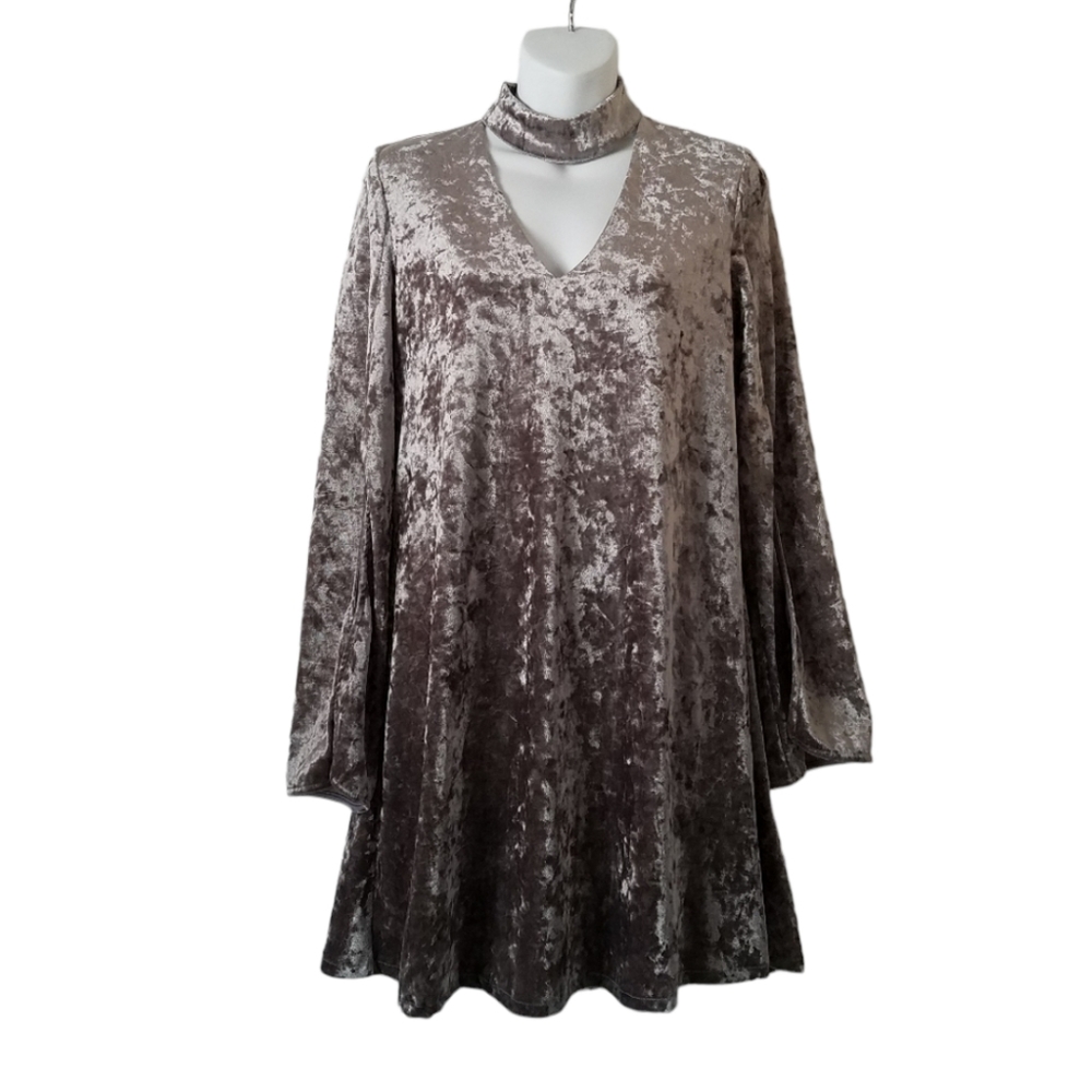 Lily Rain Womens S Velvet Swing Dress Bell Sleeve High Neck Grayish Beige